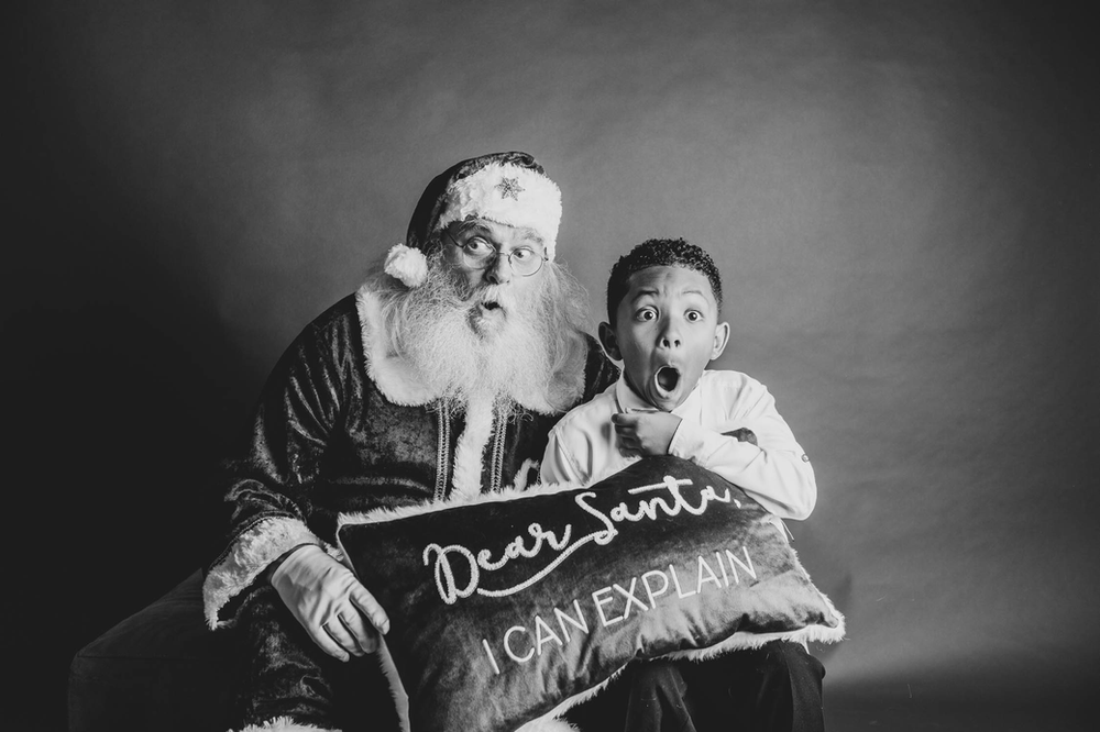 black and white, Santa, surprised child