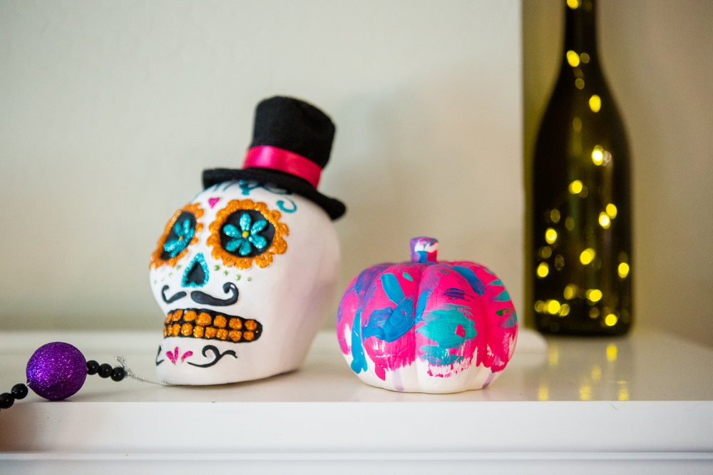 painted sugar skull, abstract painted pumpkin, Halloween 2019